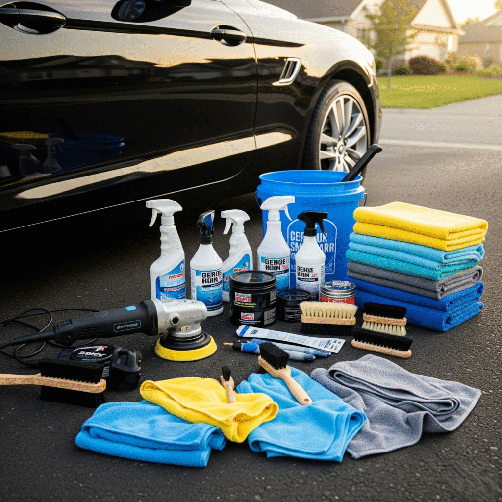 Best Mobile Auto Detailing Services for Black Vehicles in Orange County’s Hot Climates 3 equipment and microfiber towels laid out beside a black car