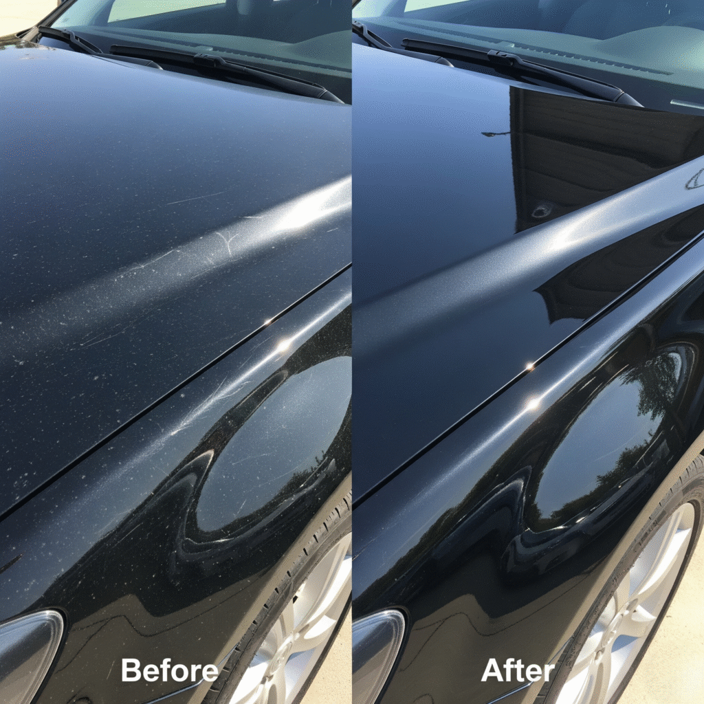 Best Mobile Auto Detailing Services for Black Vehicles in Orange County’s Hot Climates 2 side by side before after photo of a black car with and without paint correction