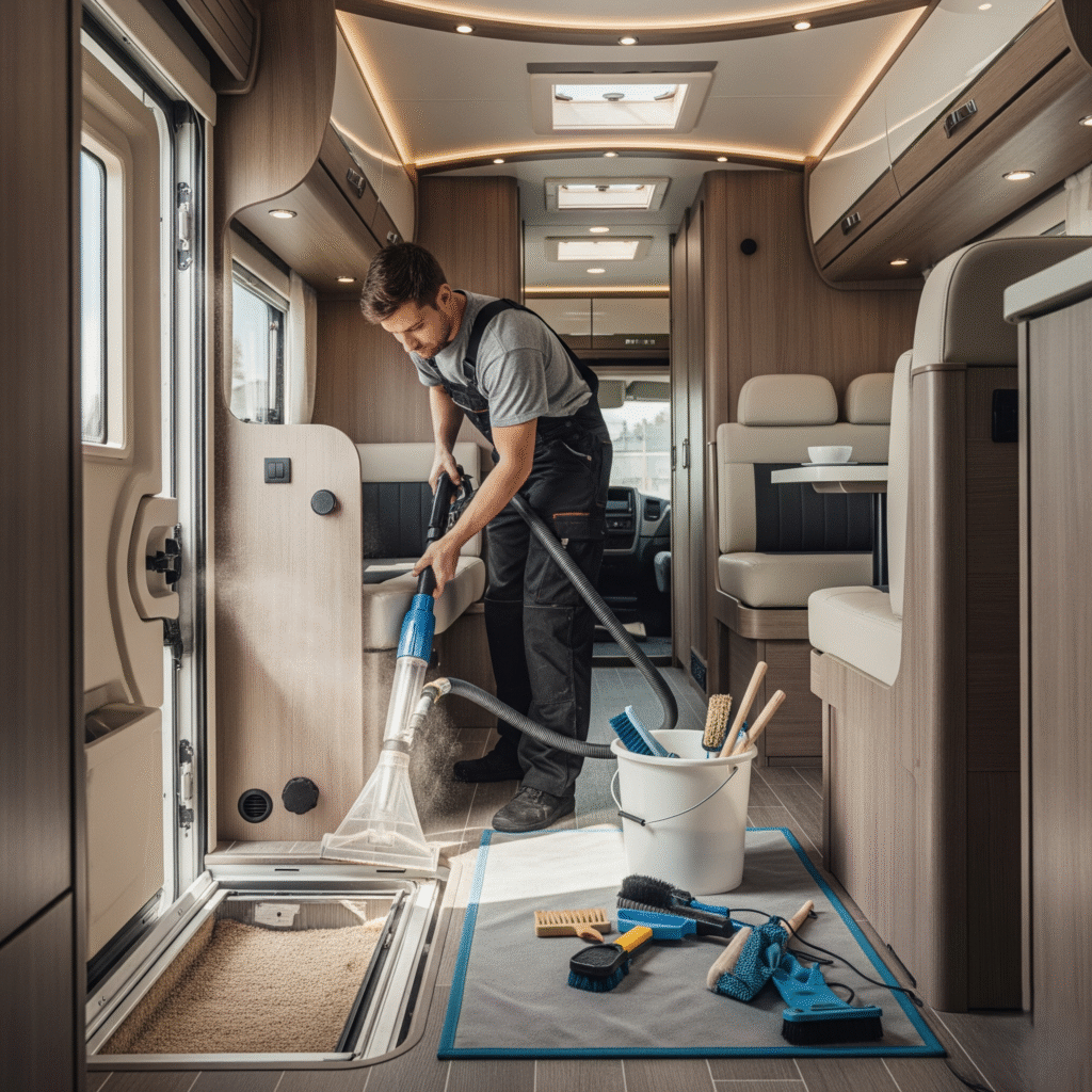 The Role of Mobile Detailing in Preserving RV Resale Value in Orange County 1 using professional tools to clean an RV interior