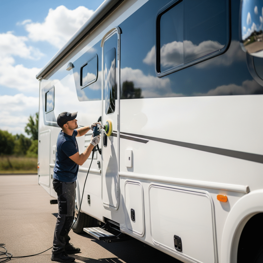 technician buffing an RV exterior