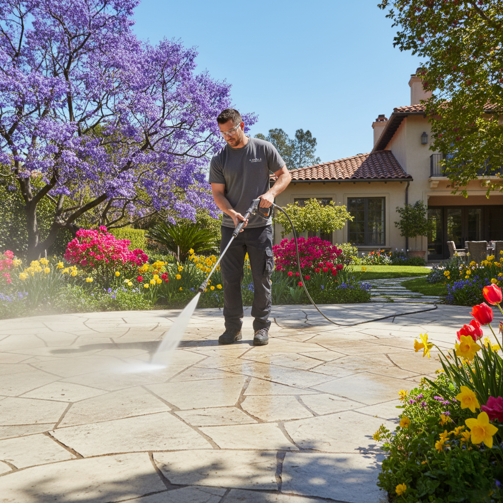 A technician cleaning a patio surrounded by blooming spring flowers