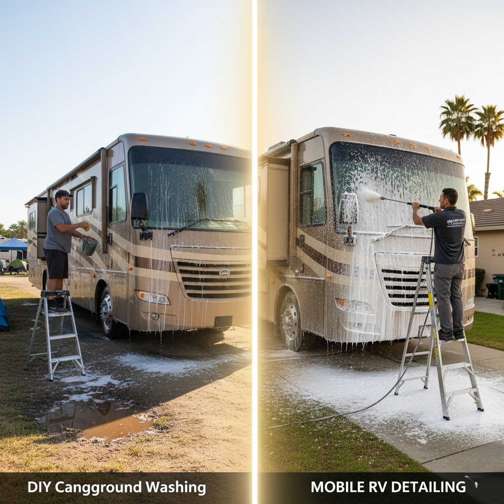 Why Mobile RV Detailing Is Better Than DIY Campground Washing in Orange County 1 DIY campground wash vs. professional detailing