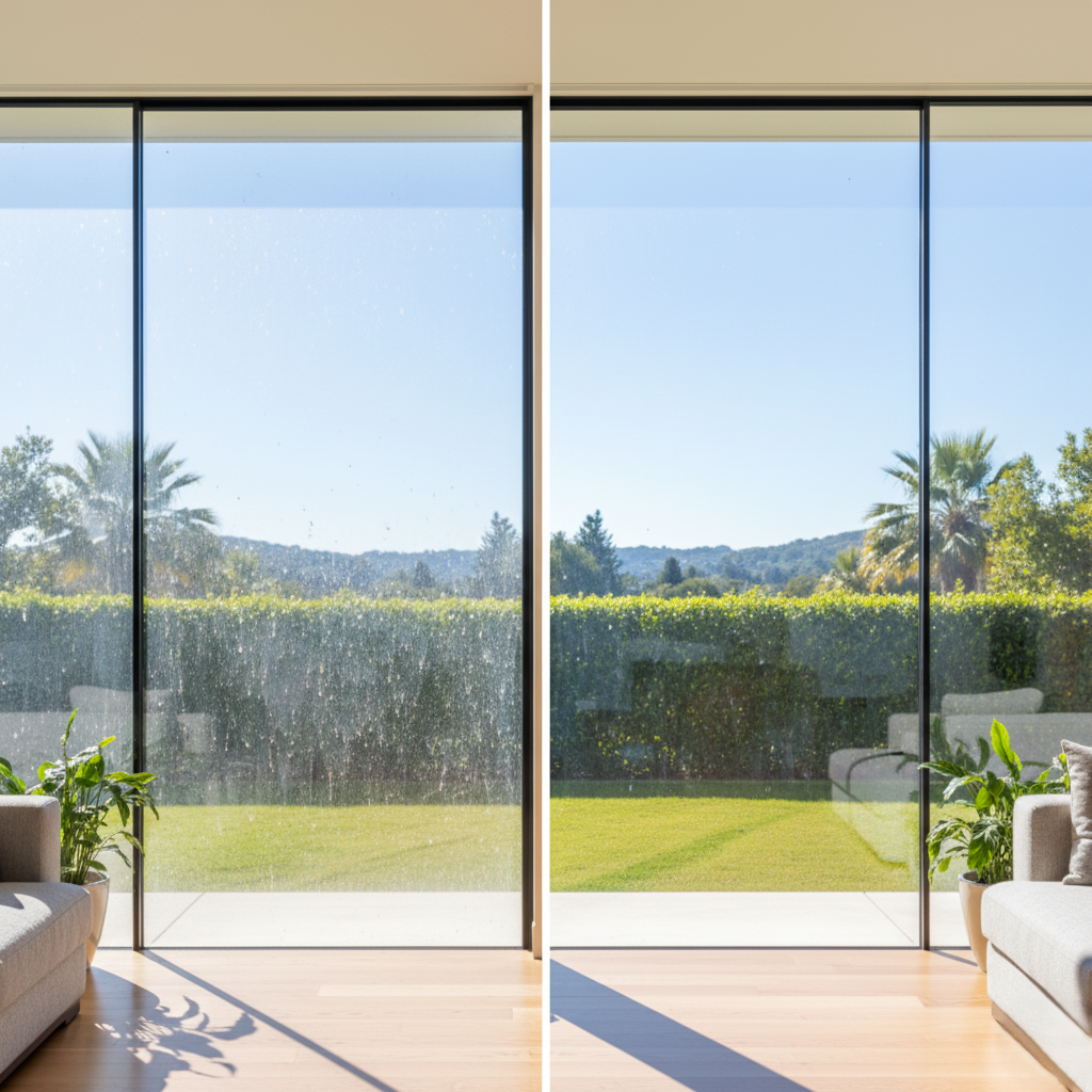 home windows showing dirty vs. clean glass to demonstrate visual improvement