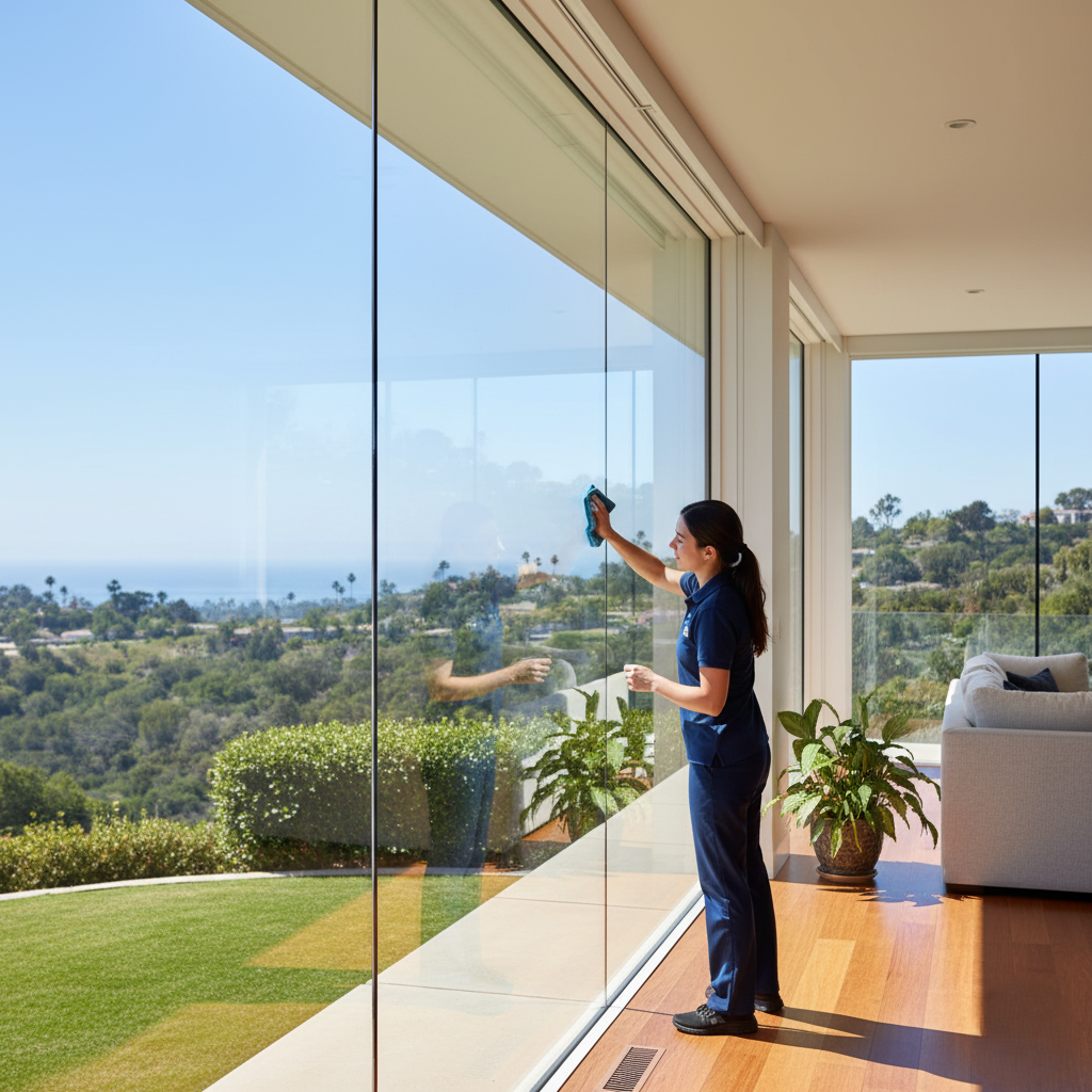 professional cleaner polishing large residential windows with a bright clean reflection