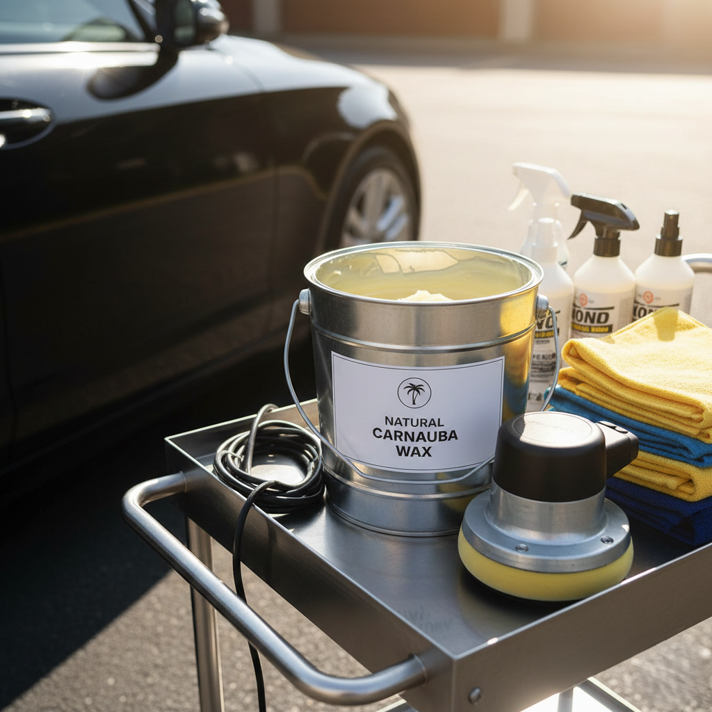 Bucket of natural carnauba wax alongside a buffer and microfiber towels on a detailing cart