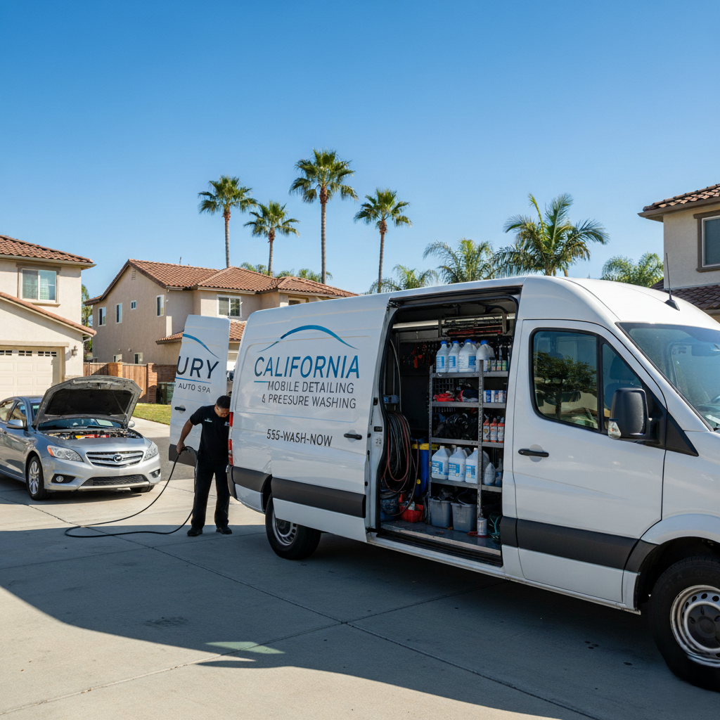 Mobile Engine Bay Cleaning: Is It Worth It for Older Vehicles in Orange County? 2 Mobile detailing van parked at a residential driveway