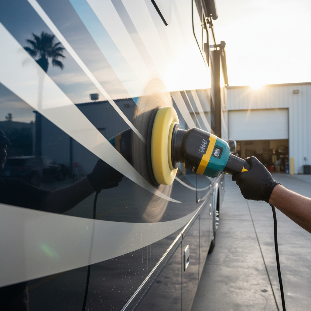 Professional grade dual action buffer being used on the upper panels of a large RV