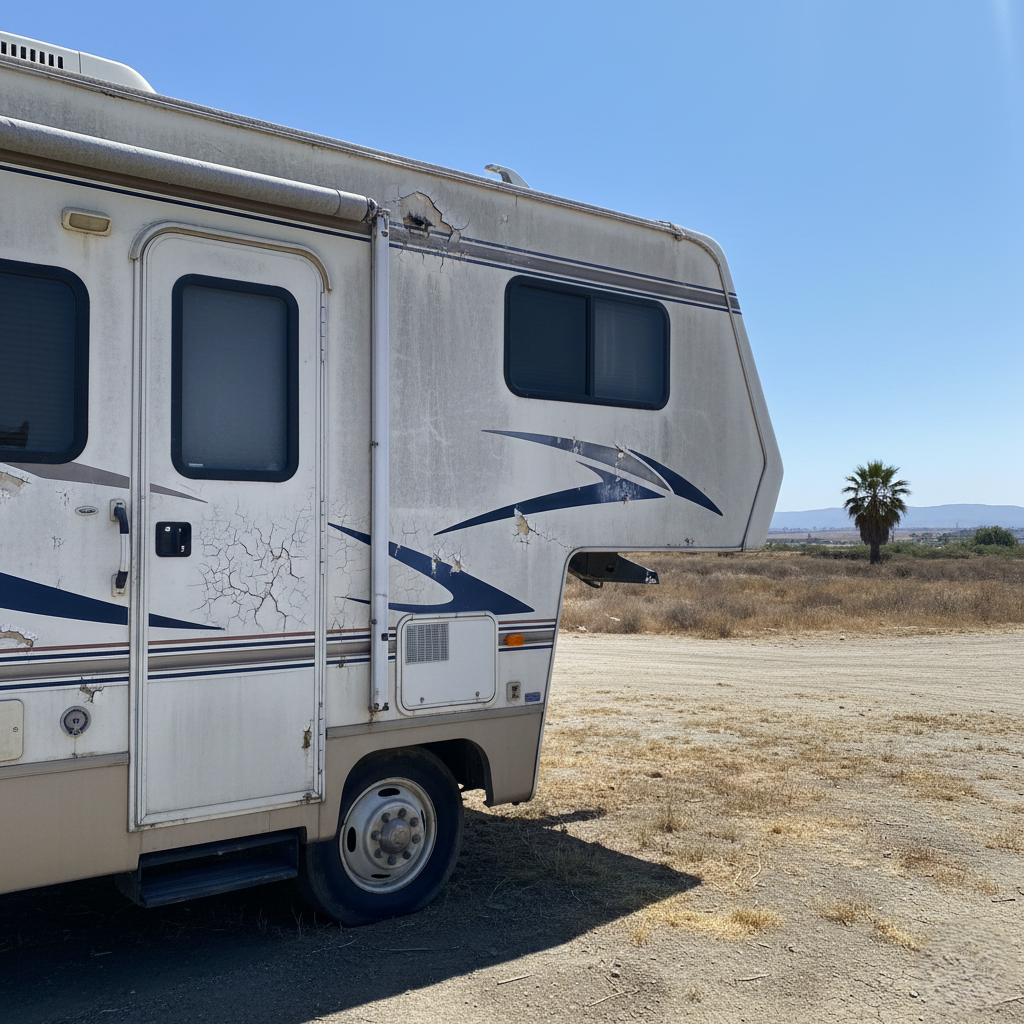 RV parked outdoors under bright California sun showing the need for UV protection