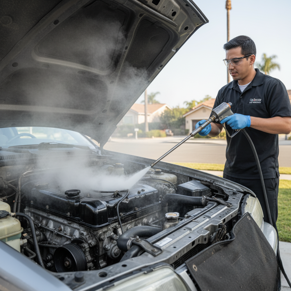 Mobile Engine Bay Cleaning: Is It Worth It for Older Vehicles in Orange County? 1 Technician performing engine bay cleaning with steam equipment