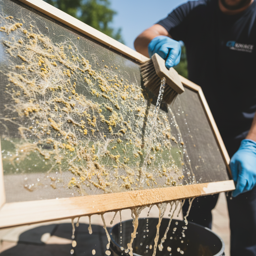 Technician washing a window screen filled with dust pollen and pet hair