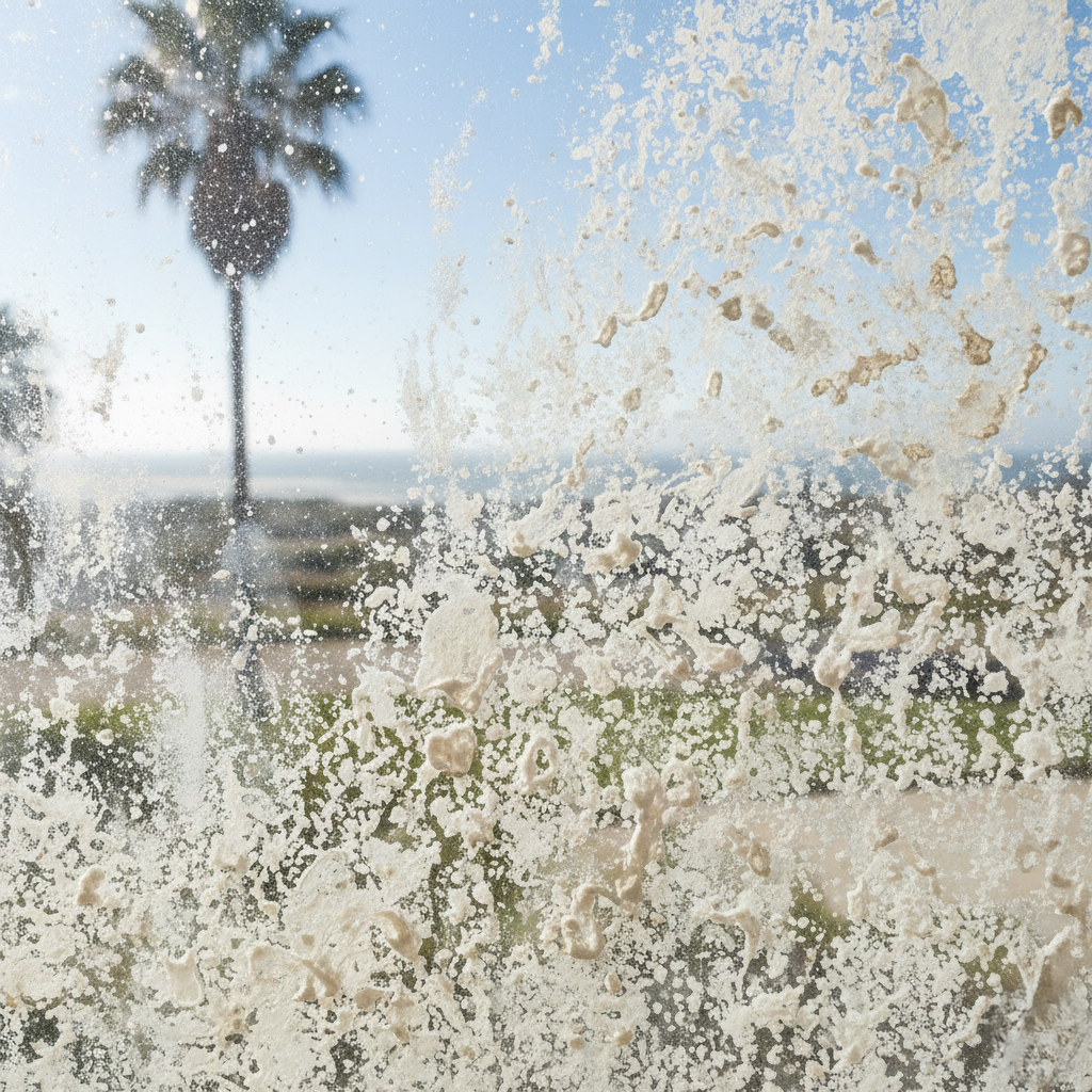 Window glass with heavy mineral buildup from sprinklers and ocean air