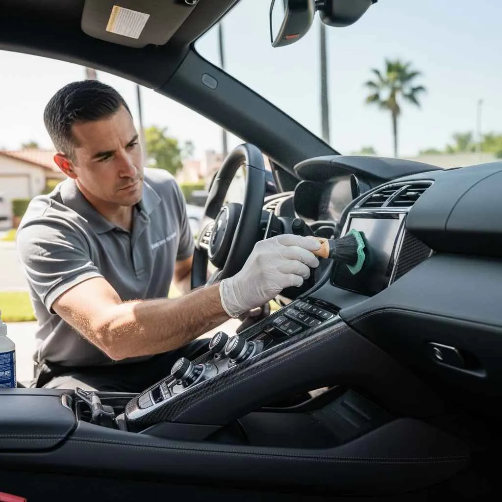 How to Maintain a Detailed Car in Dusty Orange County Environments 1 Technician detailing dashboard and interior surfaces
