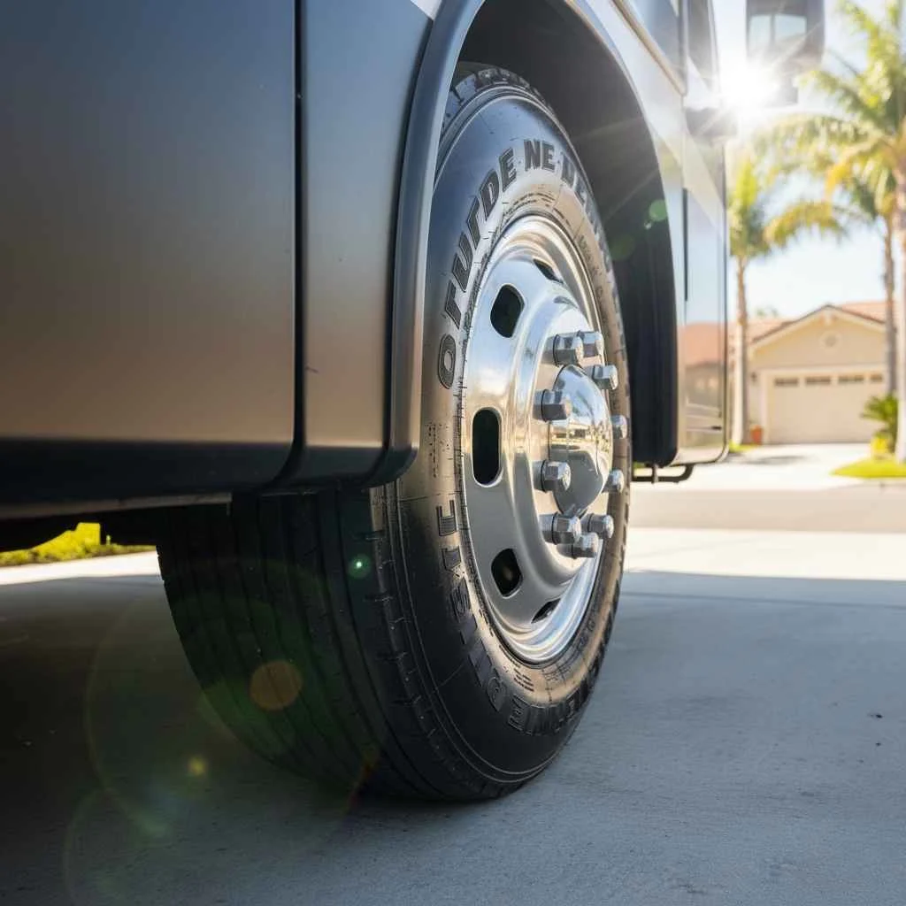  shining, freshly detailed RV tire reflecting the sun.