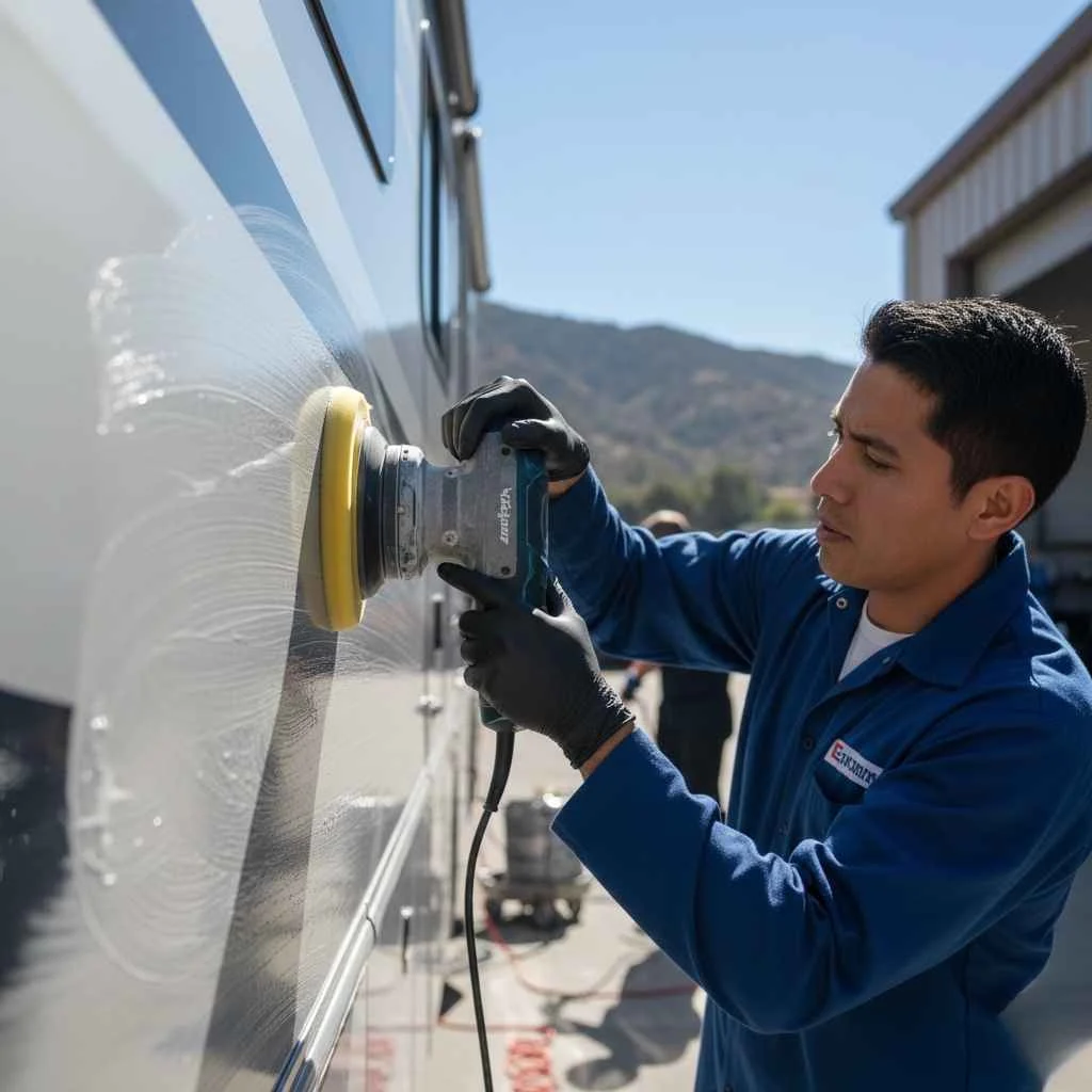  technician waxing an RV exterior under the sun