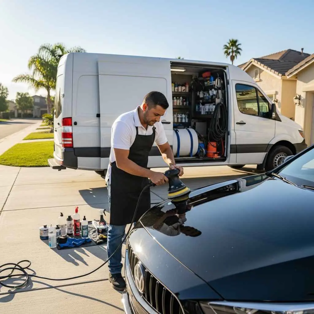 Mobile detailer working on a car in a driveway