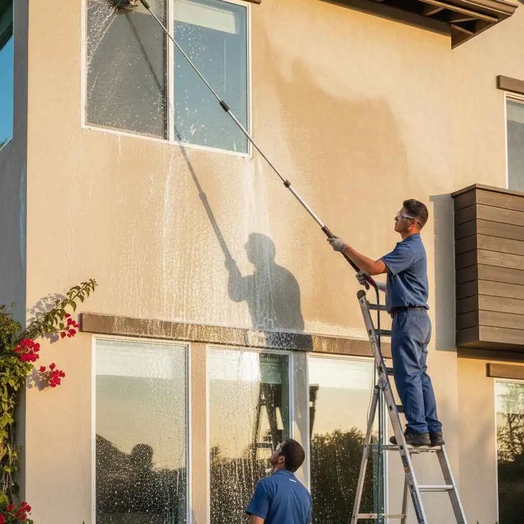  Technician cleaning exterior siding of an Orange County home