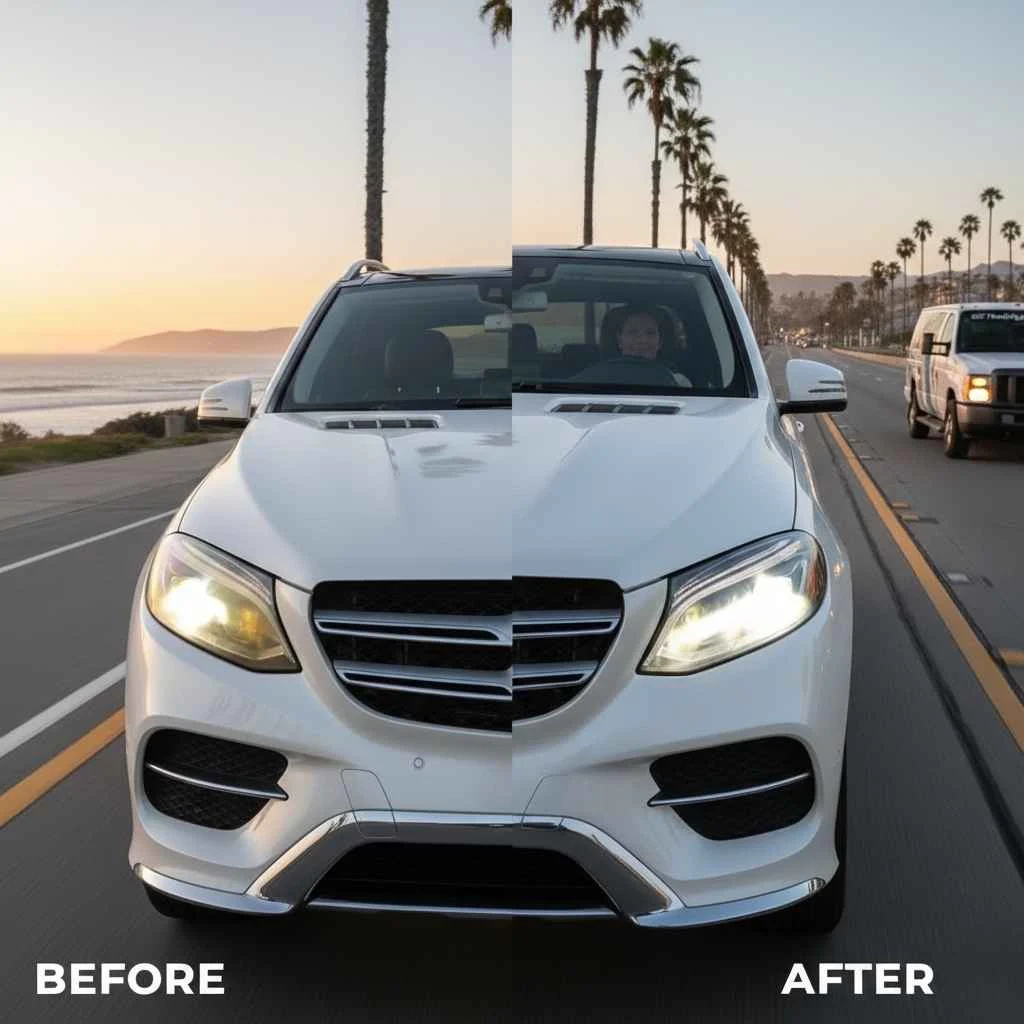 before-and-after headlight restoration on an OC vehicle