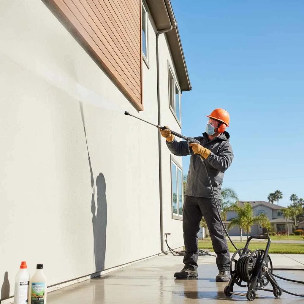 professional wearing safety gear while pressure washing